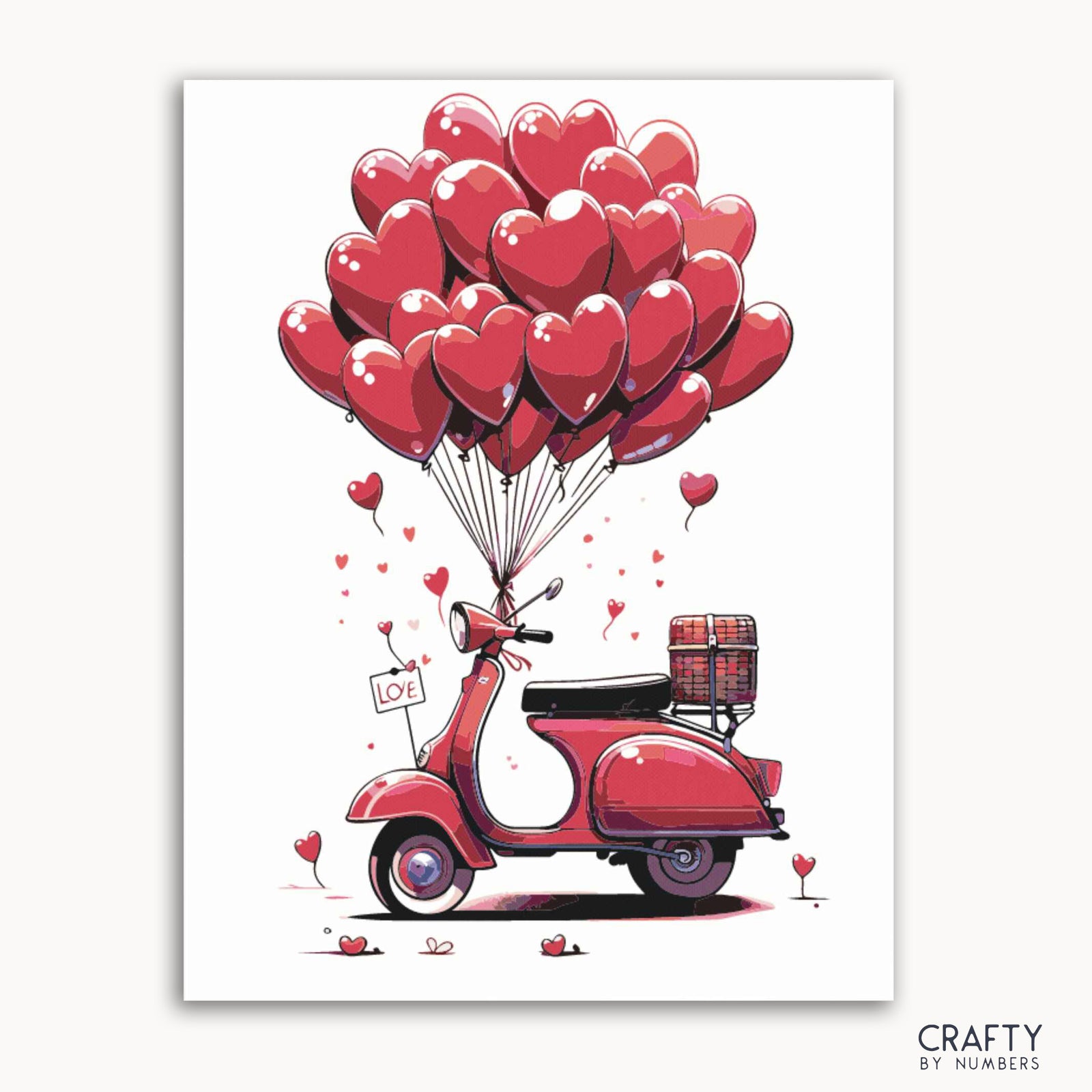 Ein Malen-nach-Zahlen-Set, das einen Vintage-Roller mit herzförmigen Luftballons in den Farben Rot und Rosa auf weißem Hintergrund zeigt, wobei die Marke „CRAFTY BY NUMBERS“ sichtbar ist.