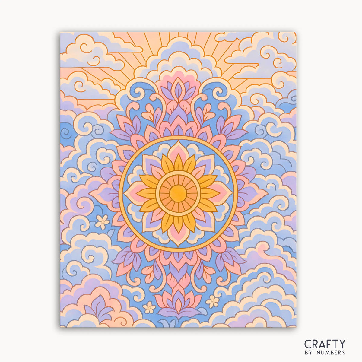 Kit de peinture par numéros Heavenly Mandala comprenant un motif de mandala céleste avec des couleurs pastel douces et une lumière dorée inspirée des nuages et des teintes du lever du soleil.