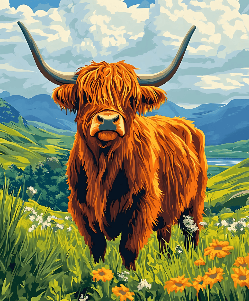 Painting of a highland cow in a scenic landscape with mountains and flowers.