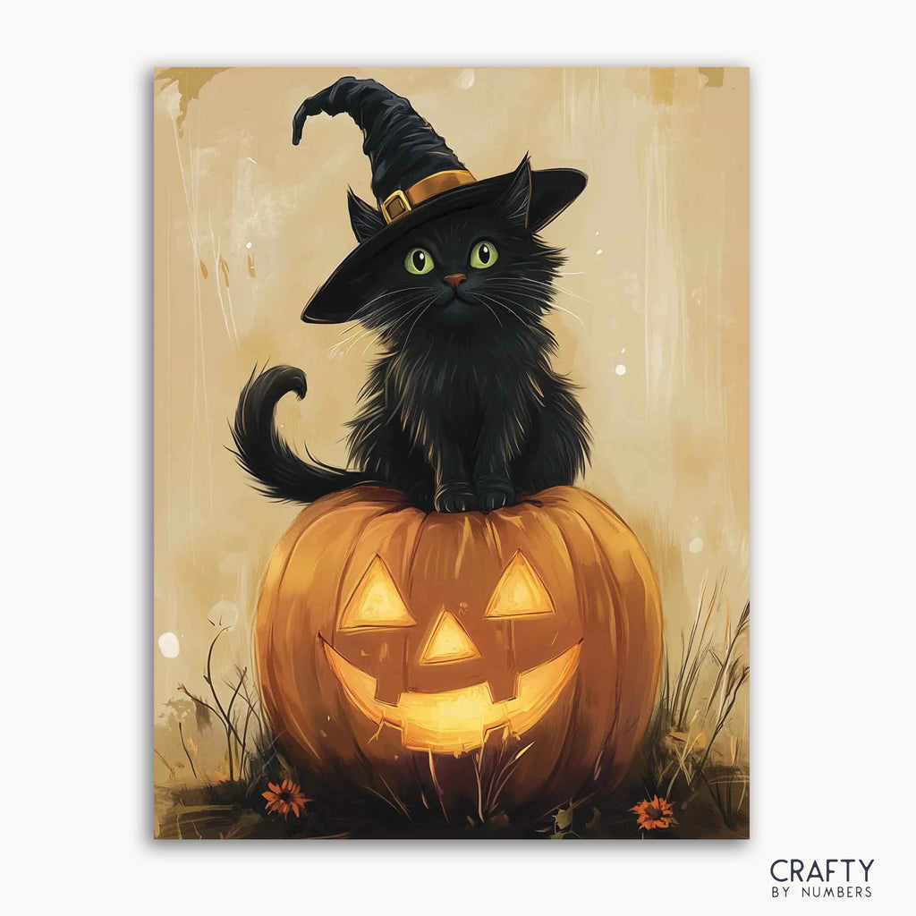 A paint by numbers kit featuring a black cat wearing a witch's hat sitting on a pumpkin with a jack-o-lantern face.