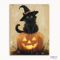 A paint by numbers kit featuring a black cat wearing a witch's hat sitting on a pumpkin with a jack-o-lantern face.