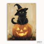A paint by numbers kit featuring a black cat wearing a witch's hat sitting on a pumpkin with a jack-o-lantern face.