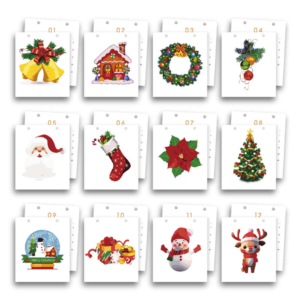  advent calendar with Christmas-themed illustrations on white background
