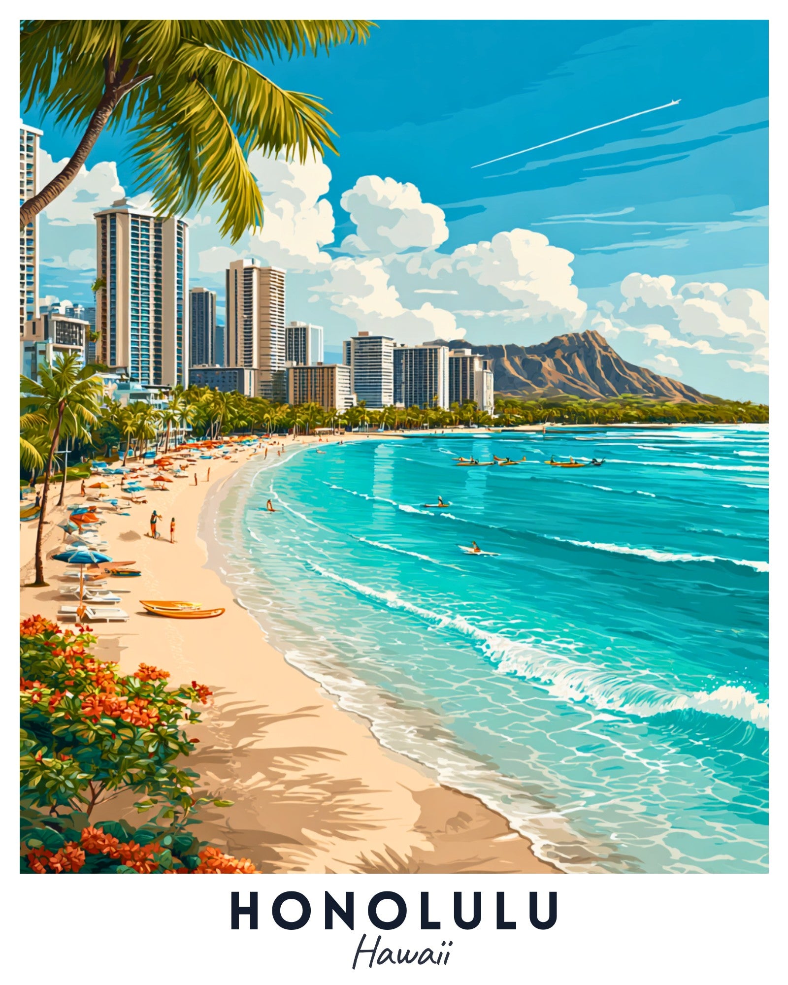 Illustration of a beach scene with palm trees, buildings, and mountains in Honolulu, Hawaii.
