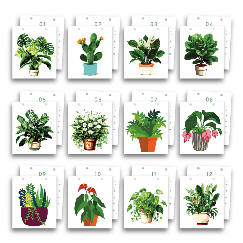Calendario con ilustraciones de varias plantas en macetas sobre un fondo blanco.