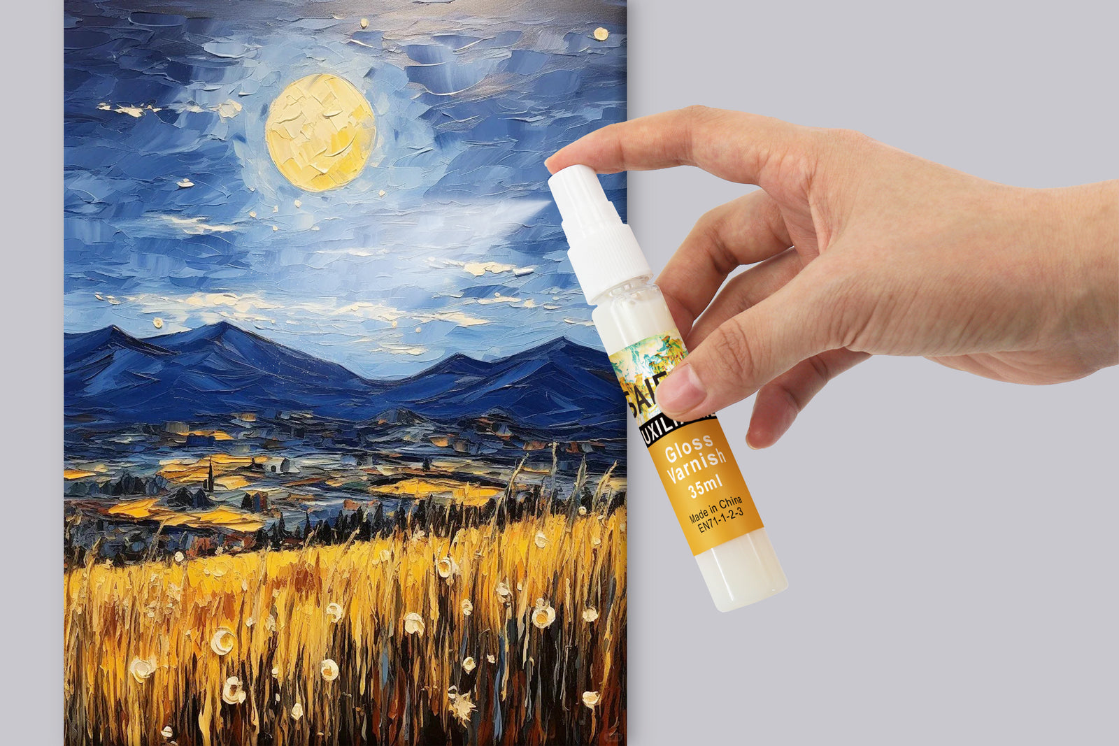 Gloss varnish paint by numbers kit for adults with acrylic paints and numbered canvas art.