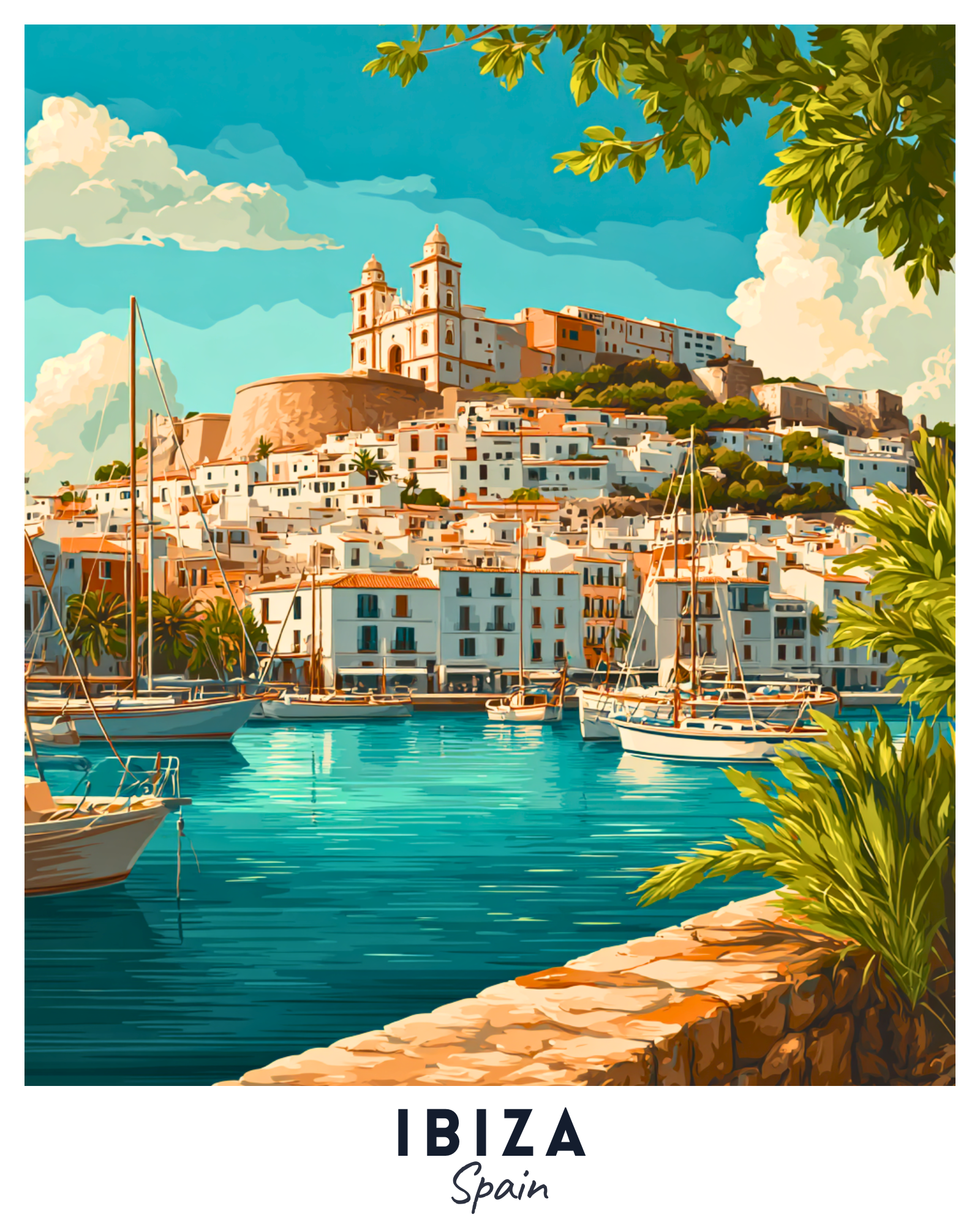 Illustration of a coastal town in Ibiza with boats and greenery.