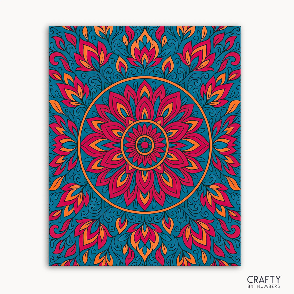 Inner Ember Mandala Paint by Numbers kit featuring a glowing mandala with radiant reds, fiery oranges, and deep teal hues blending fire and flow in a dynamic design