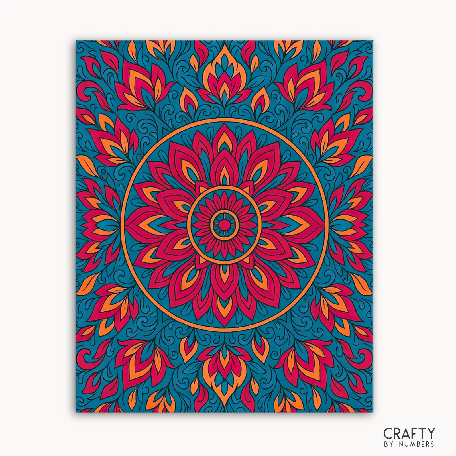 Inner Ember Mandala Paint by Numbers kit featuring a glowing mandala with radiant reds, fiery oranges, and deep teal hues blending fire and flow in a dynamic design