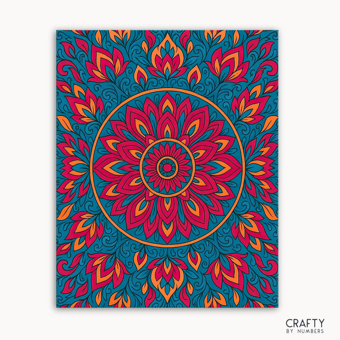 Inner Ember Mandala Paint by Numbers kit featuring a glowing mandala with radiant reds, fiery oranges, and deep teal hues blending fire and flow in a dynamic design