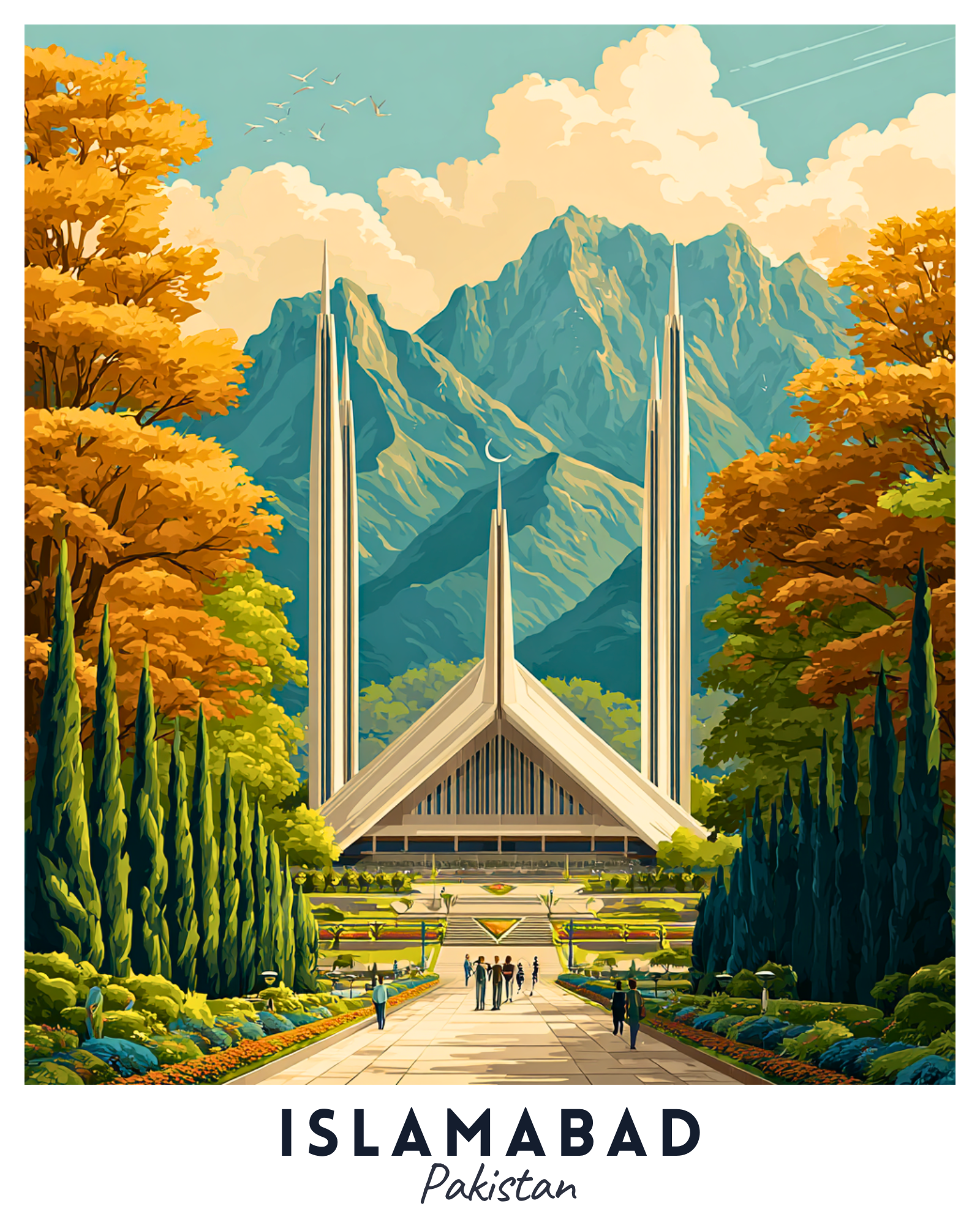 Illustration of a modern building with tall spires in a scenic landscape with trees and mountains, featuring the text 'Islamabad Pakistan'.