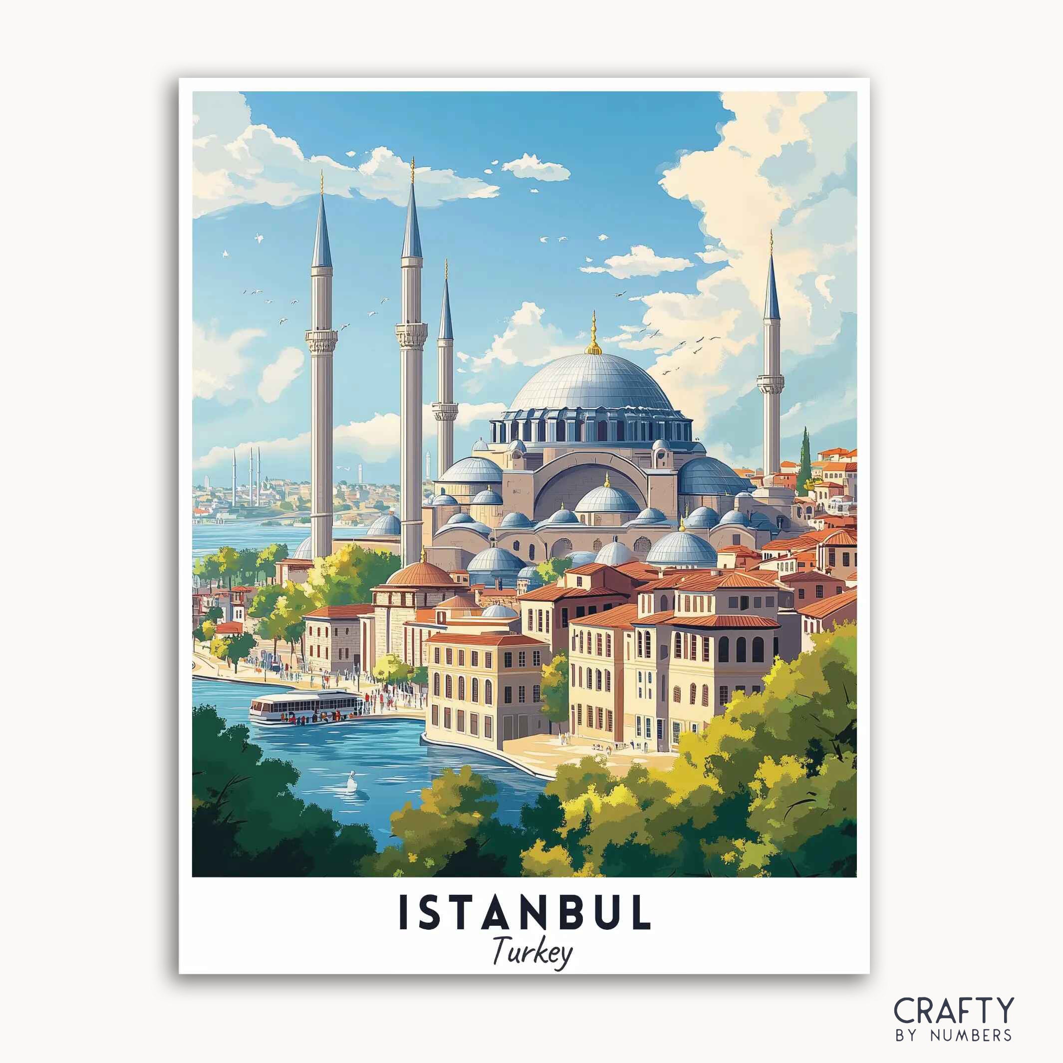 A travel poster depicting the Hagia Sophia in Istanbul, Turkey, with vibrant colors and a clear sky.