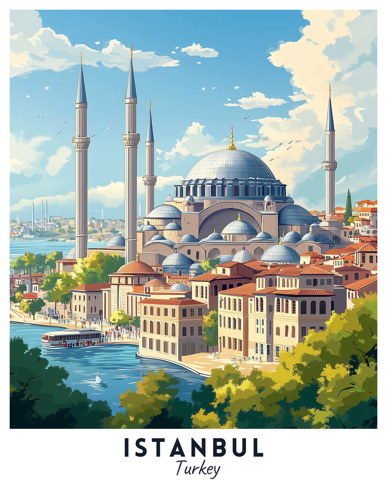 A travel poster depicting the Hagia Sophia in Istanbul, Turkey, with vibrant colors and a clear sky. vintage travel posters