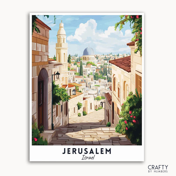 A travel poster depicting a vibrant scene of Jerusalem with sunlit stone streets, elegant domes, and surrounding greenery.