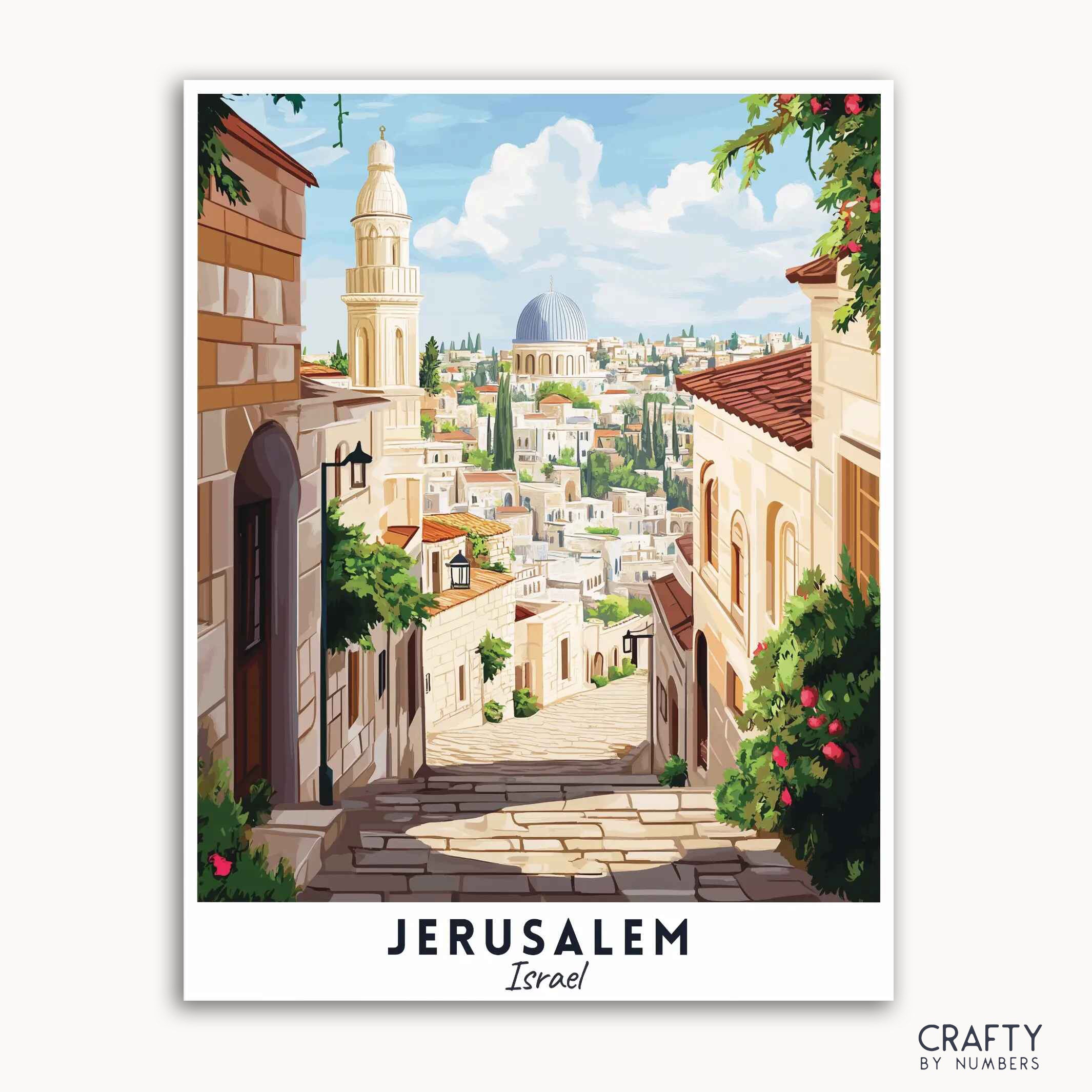 A travel poster depicting a vibrant scene of Jerusalem with sunlit stone streets, elegant domes, and surrounding greenery.