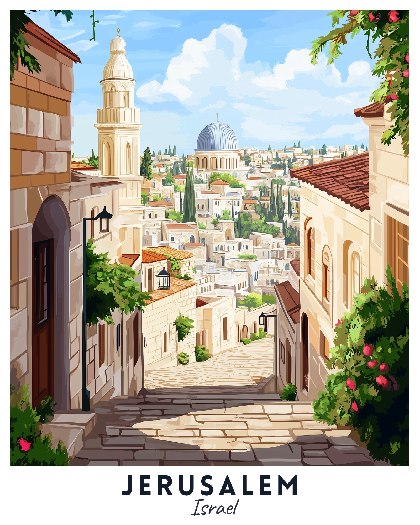 A paint by numbers kit depicting a vibrant scene of Jerusalem with sunlit stone streets, elegant domes, and surrounding greenery.