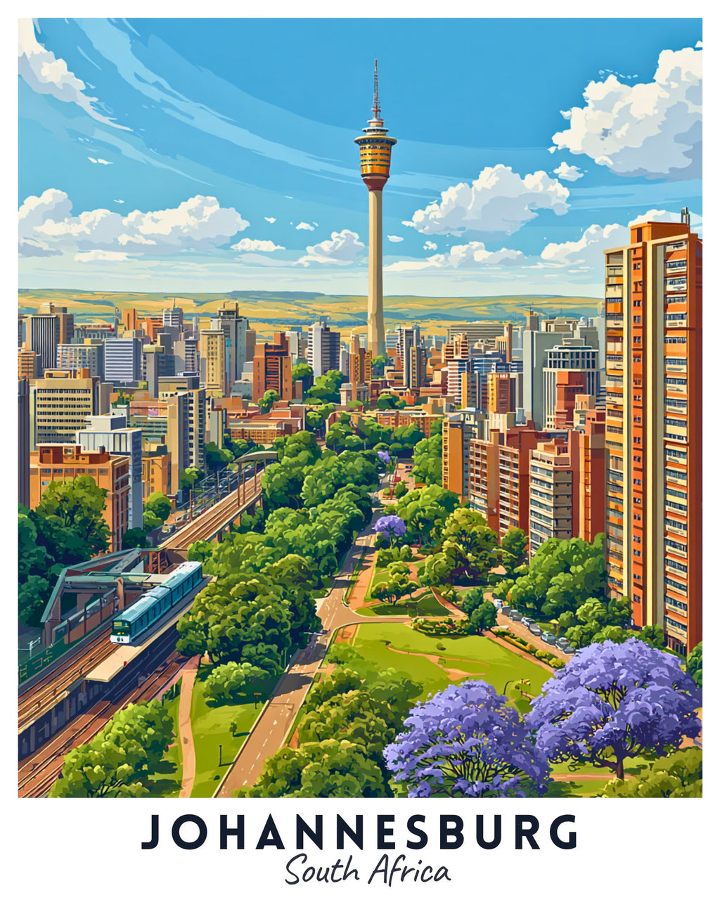 Illustration of Johannesburg, South Africa with skyline and green spaces.
