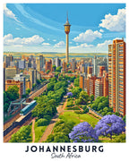 Illustration of Johannesburg, South Africa with skyline and green spaces.