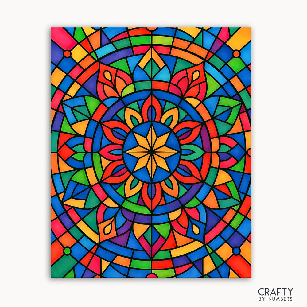 Kaleido Glow Mandala Paint by Numbers kit featuring a bold mandala design bursting with vibrant rainbow hues and crisp stained-glass style lines creating a glowing, colorful mosaic