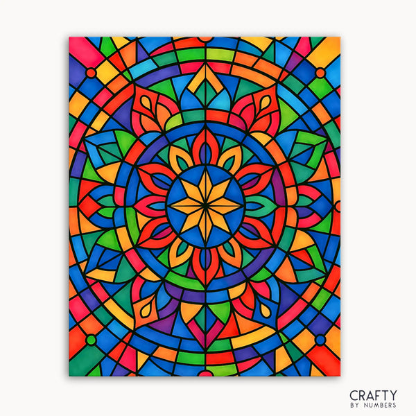 Kaleido Glow Mandala Paint by Numbers kit featuring a bold mandala design bursting with vibrant rainbow hues and crisp stained-glass style lines creating a glowing, colorful mosaic
