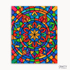 Kaleido Glow Mandala Paint by Numbers kit featuring a bold mandala design bursting with vibrant rainbow hues and crisp stained-glass style lines creating a glowing, colorful mosaic