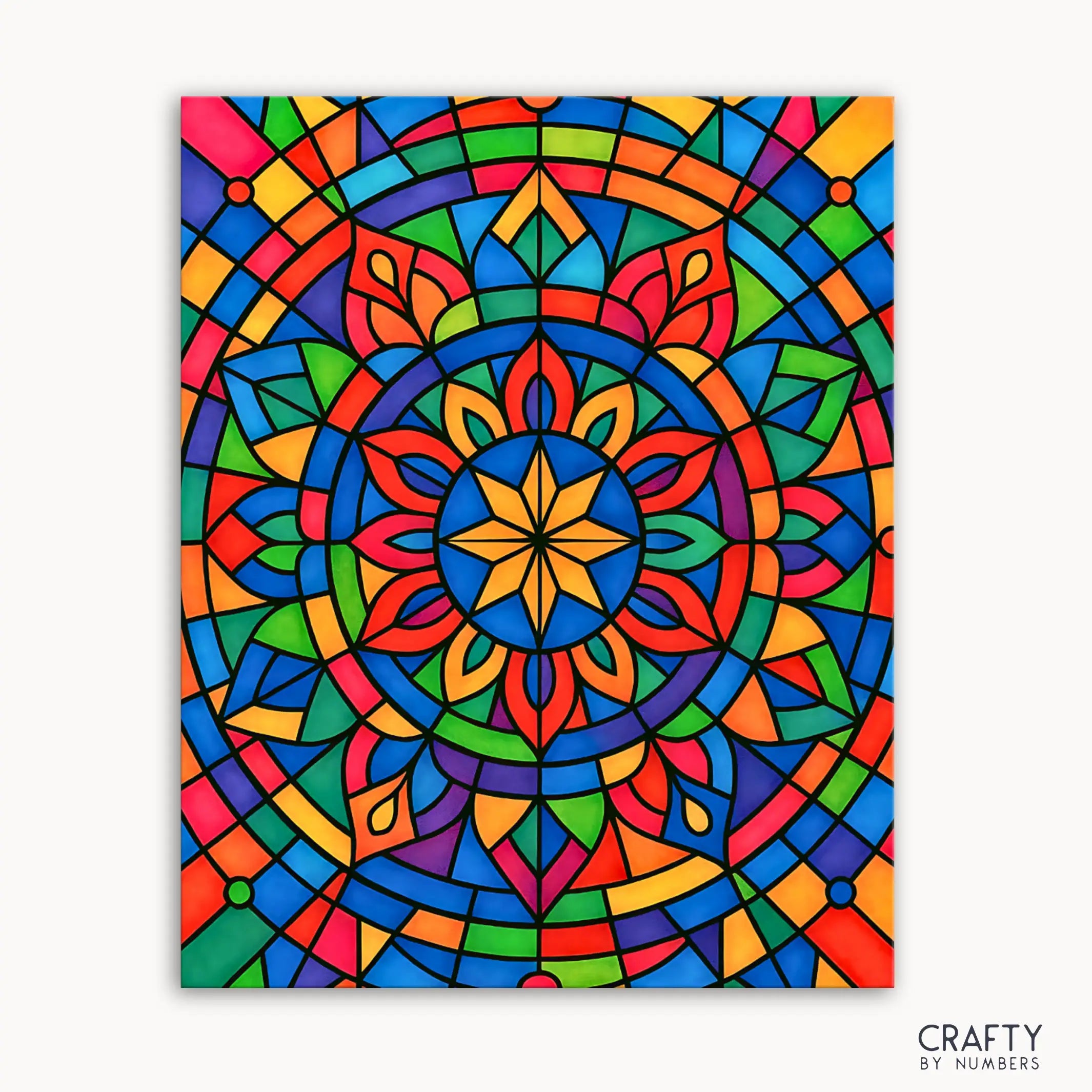 Kaleido Glow Mandala Paint by Numbers kit featuring a bold mandala design bursting with vibrant rainbow hues and crisp stained-glass style lines creating a glowing, colorful mosaic