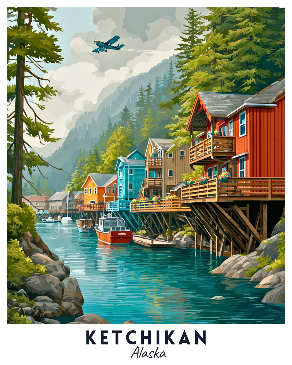 Illustration of Ketchikan, Alaska with colorful houses by a river and mountains.
