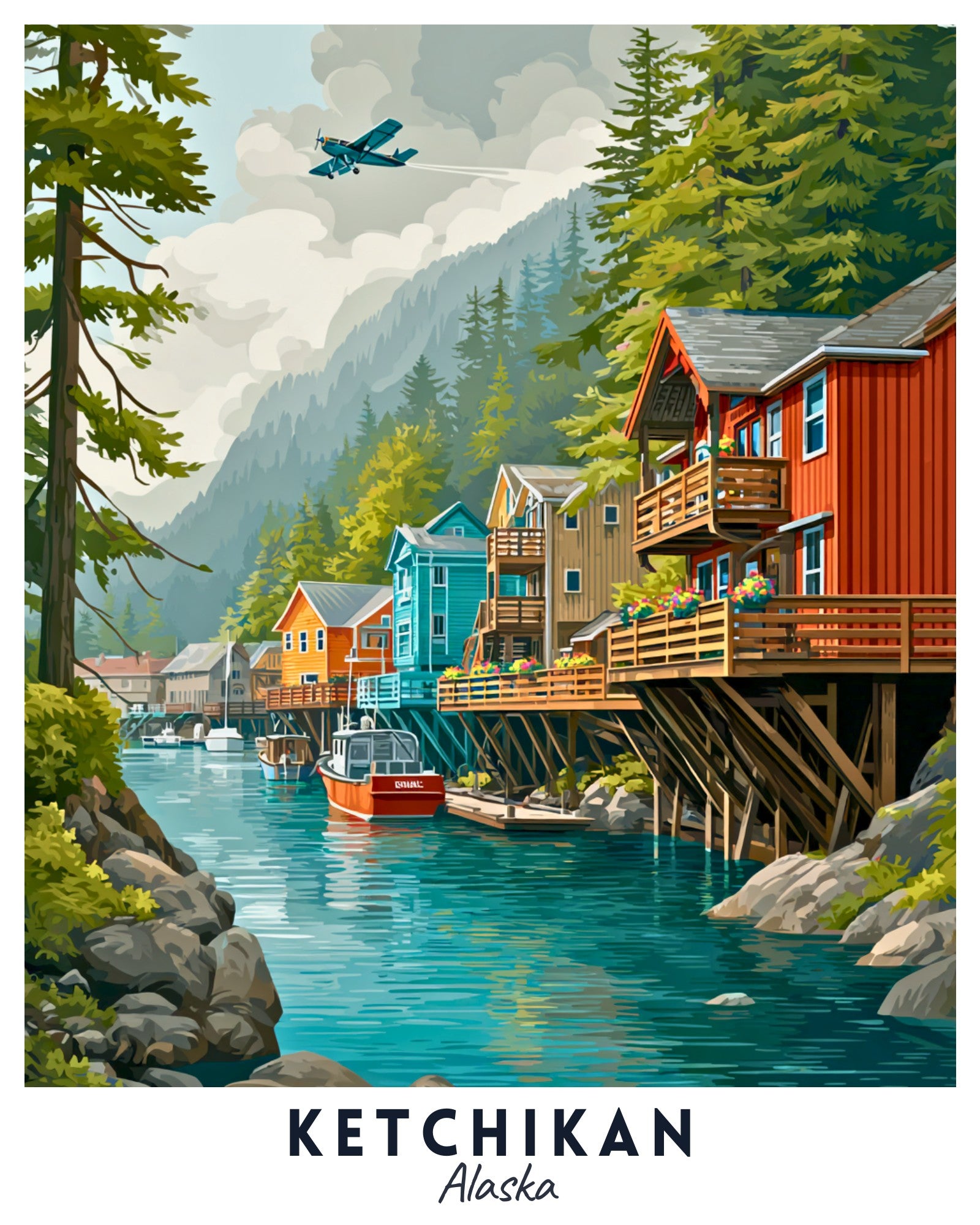 Illustration of Ketchikan, Alaska with colorful houses by a river and mountains.