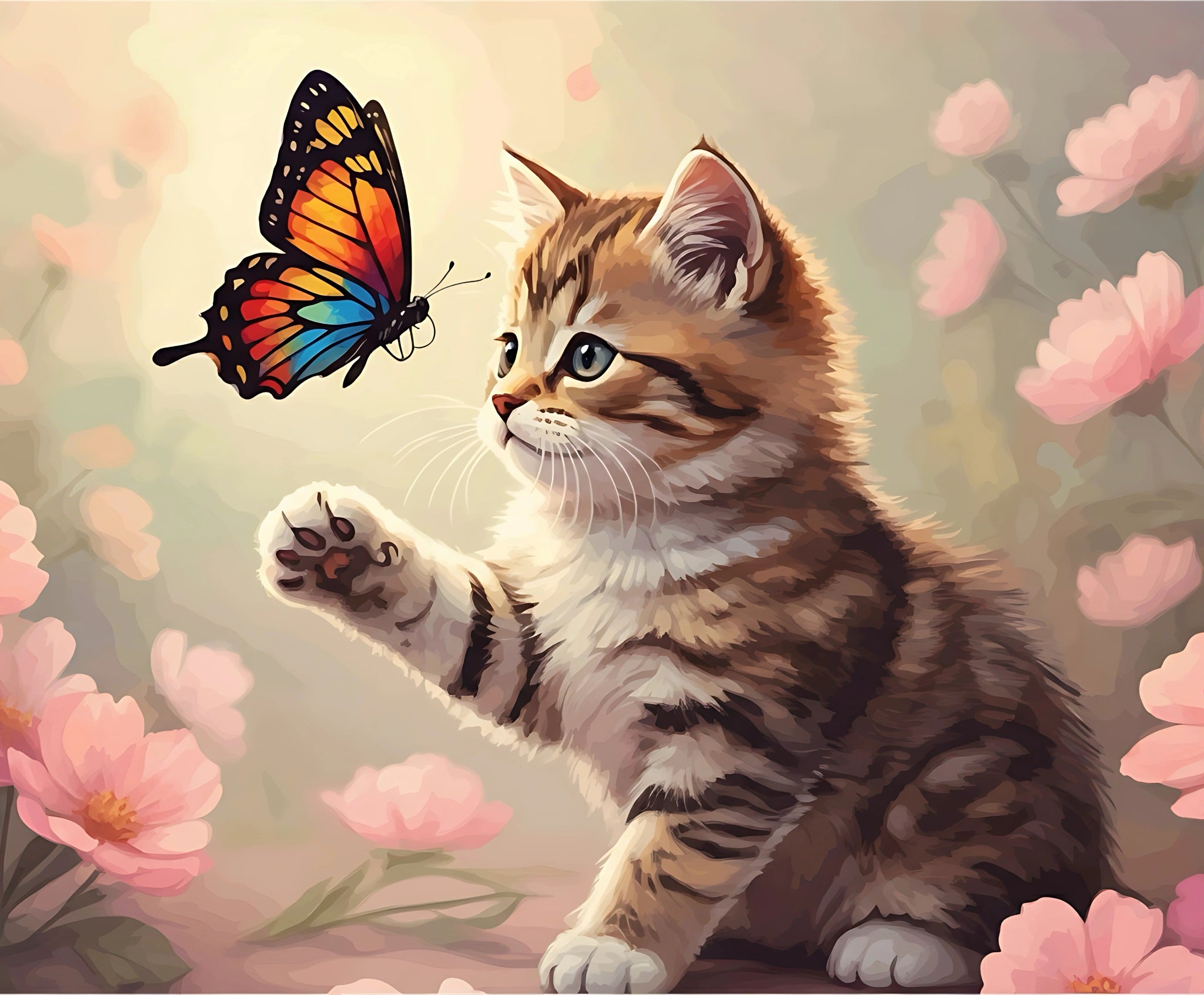 Illustration of a kitten reaching out to a butterfly among pink flowers