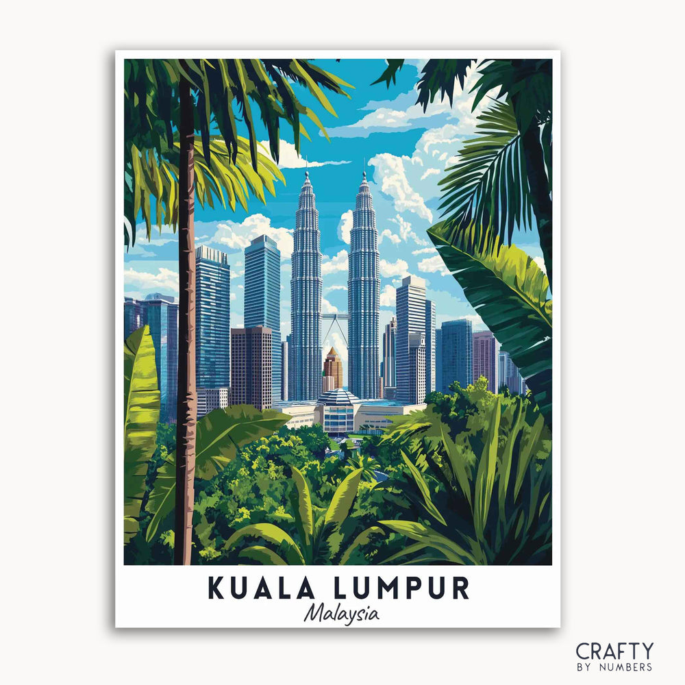A travel poster depicting the skyline of Kuala Lumpur, Malaysia, with the Petronas Twin Towers prominently displayed, surrounded by greenery and a blue sky.