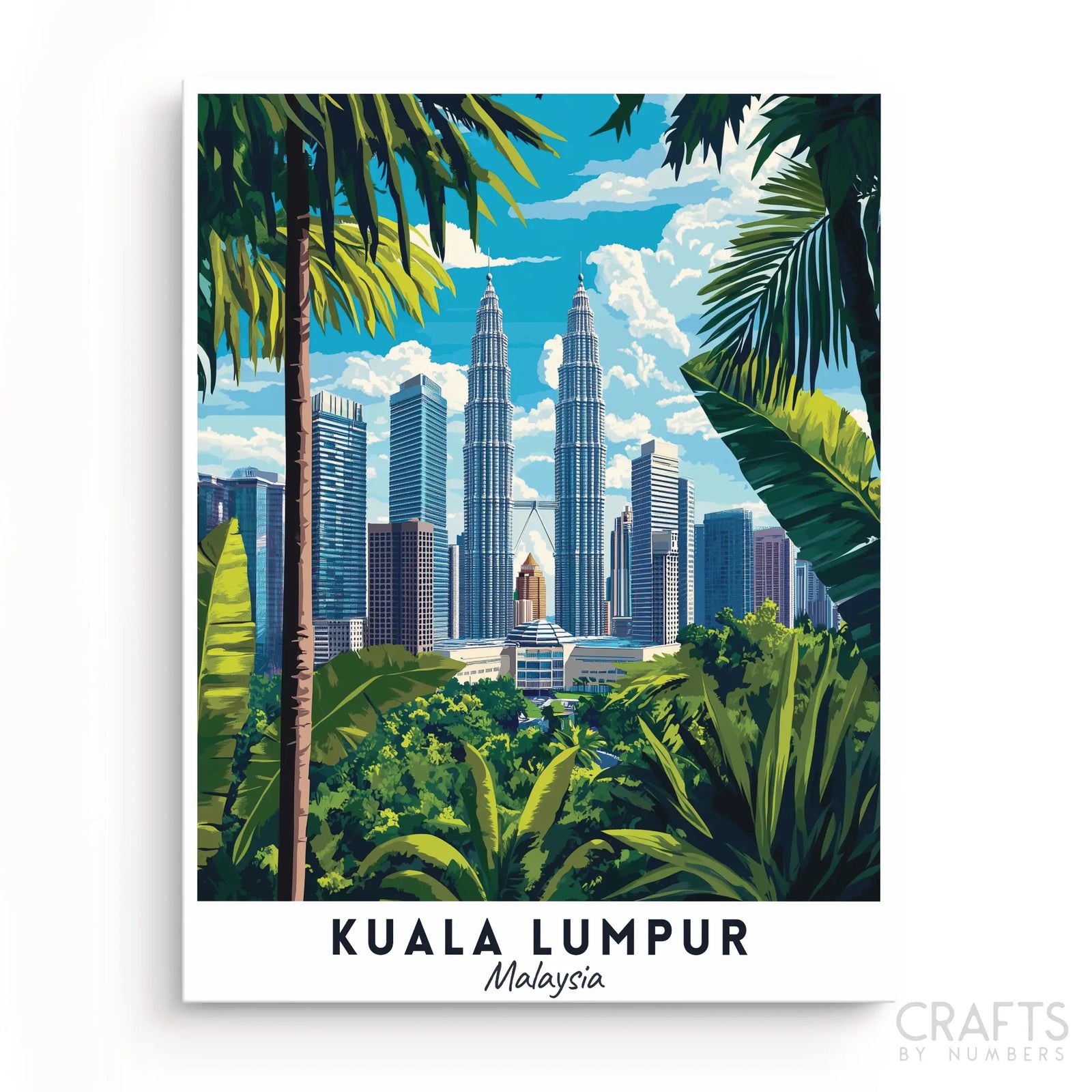 Ein lebendiges Reiseposter, das die Skyline von Kuala Lumpur, Malaysia, mit den berühmten Petronas Twin Towers, umgeben von tropischer Vegetation, zeigt.