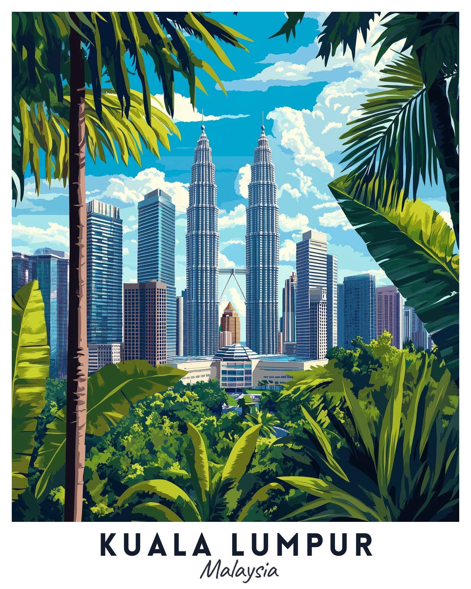 A vibrant travel poster of the skyline of Kuala Lumpur, Malaysia, with the iconic Petronas Twin Towers, surrounded by tropical foliage.