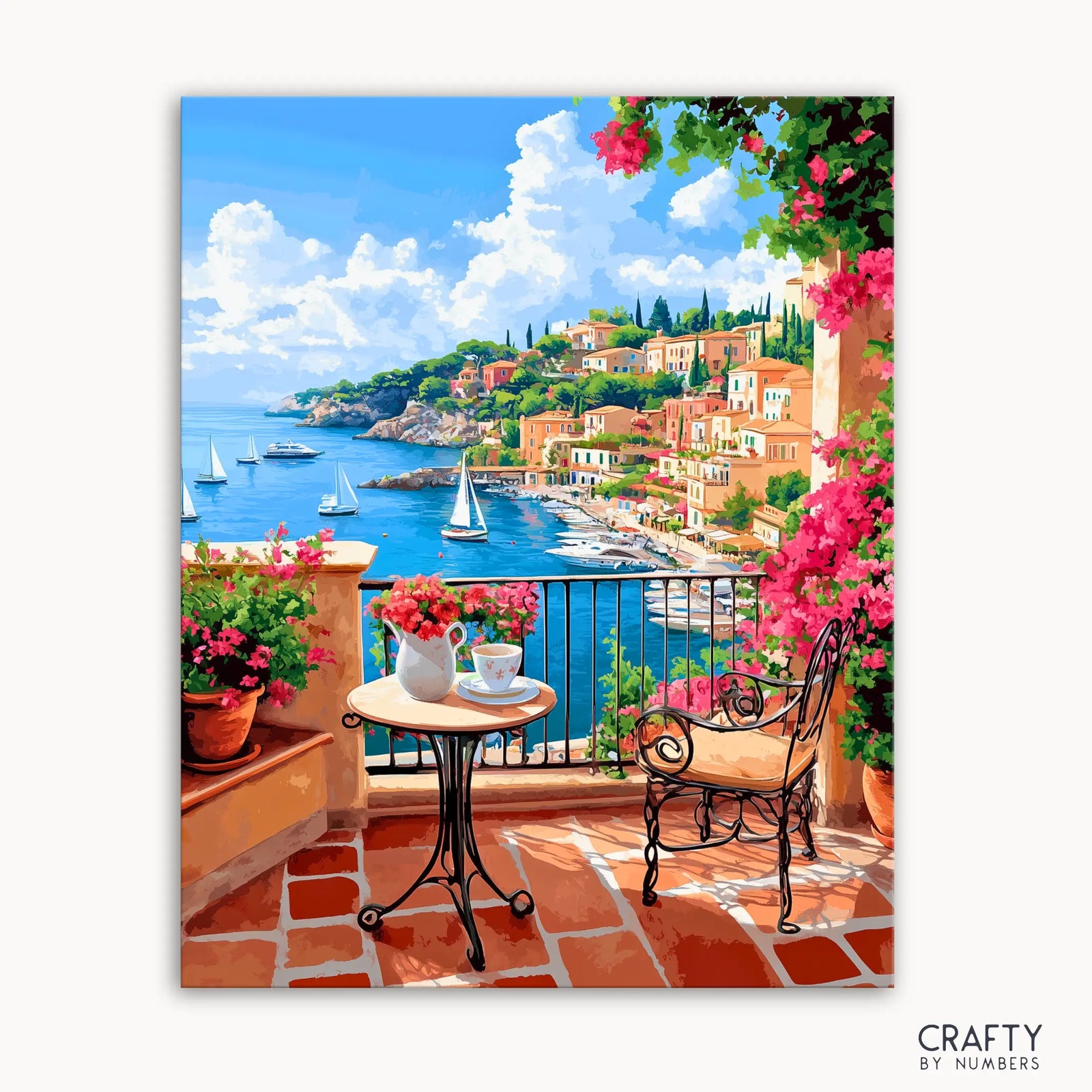 Un kit de peinture par numéros représentant une terrasse méditerranéenne fleurie et une vue sur une baie avec des voiliers.