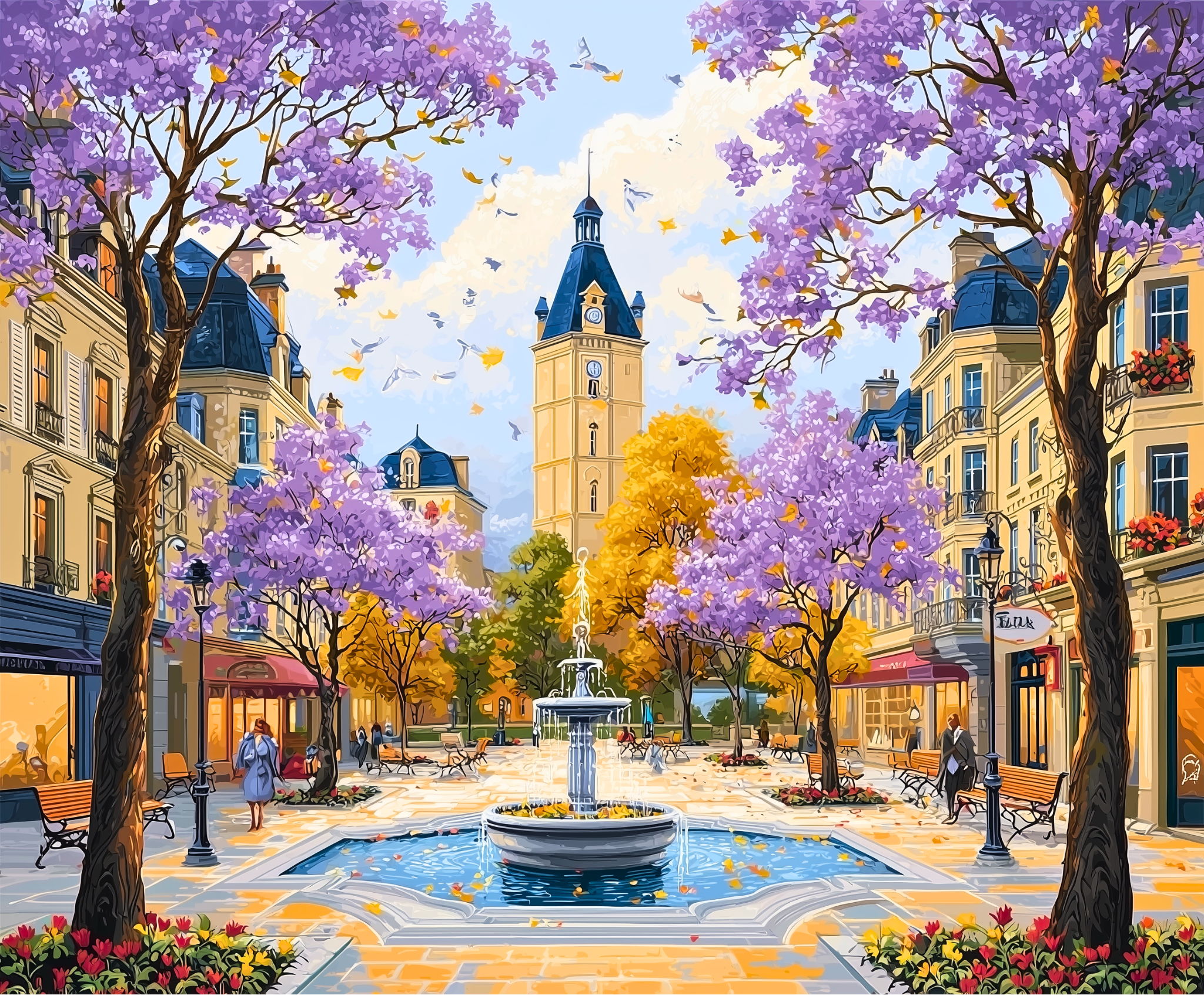 Colorful street scene with a clock tower, trees with purple blossoms, and people walking.