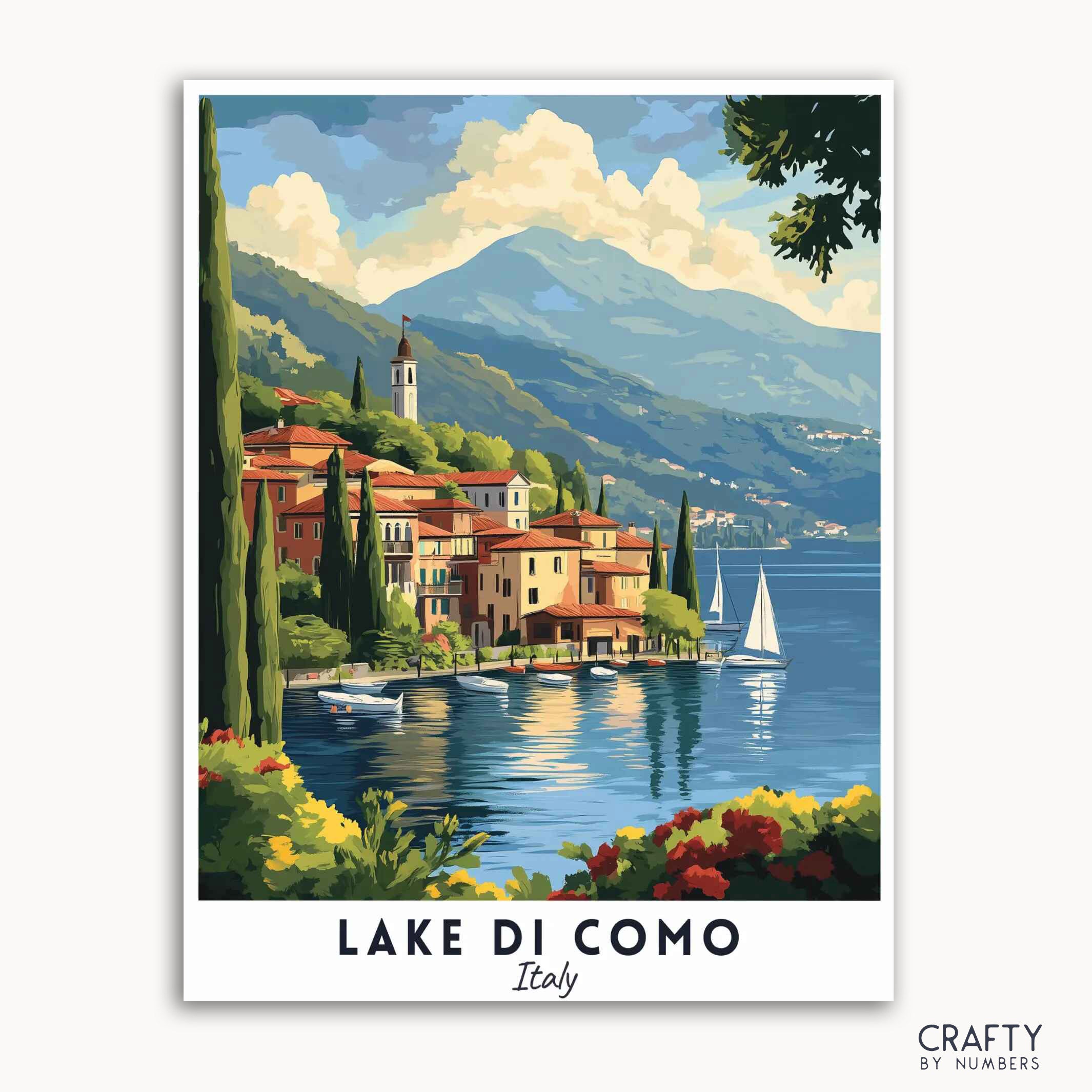 A travel poster depicting a vibrant scene of Lake di Como, Italy with sunlit villas, clear blue water, and rolling hills in the background.