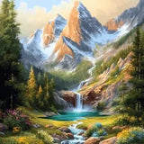 Mountain landscape paint by numbers kit with waterfall, forest and serene nature scene