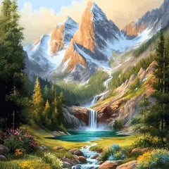 Mountain landscape paint by numbers kit with waterfall, forest and serene nature scene