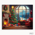A paint by numbers kit depicting a cozy Christmas scene with a decorated tree, fireplace, and winter landscape outside the window.