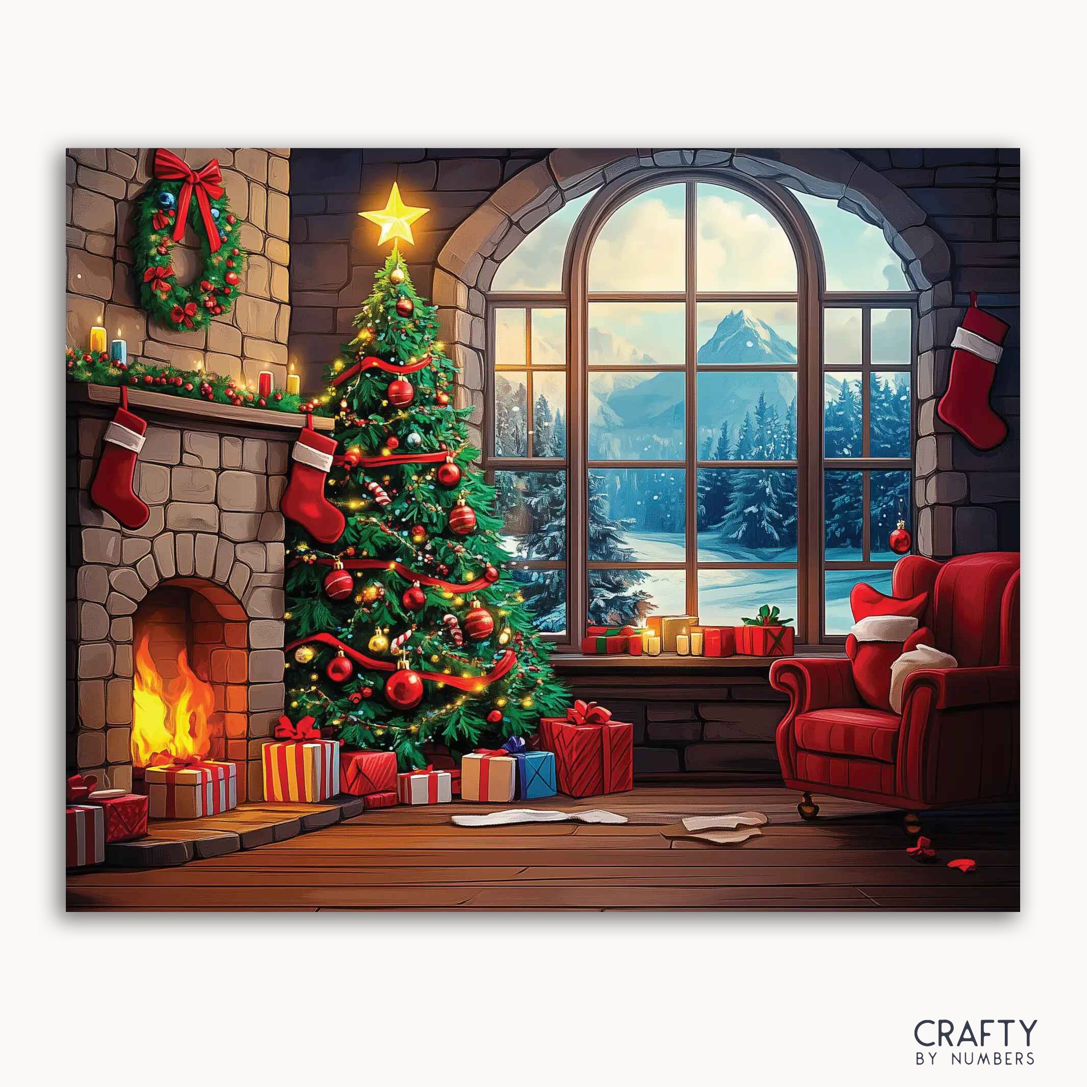 A paint by numbers kit depicting a cozy Christmas scene with a decorated tree, fireplace, and winter landscape outside the window.