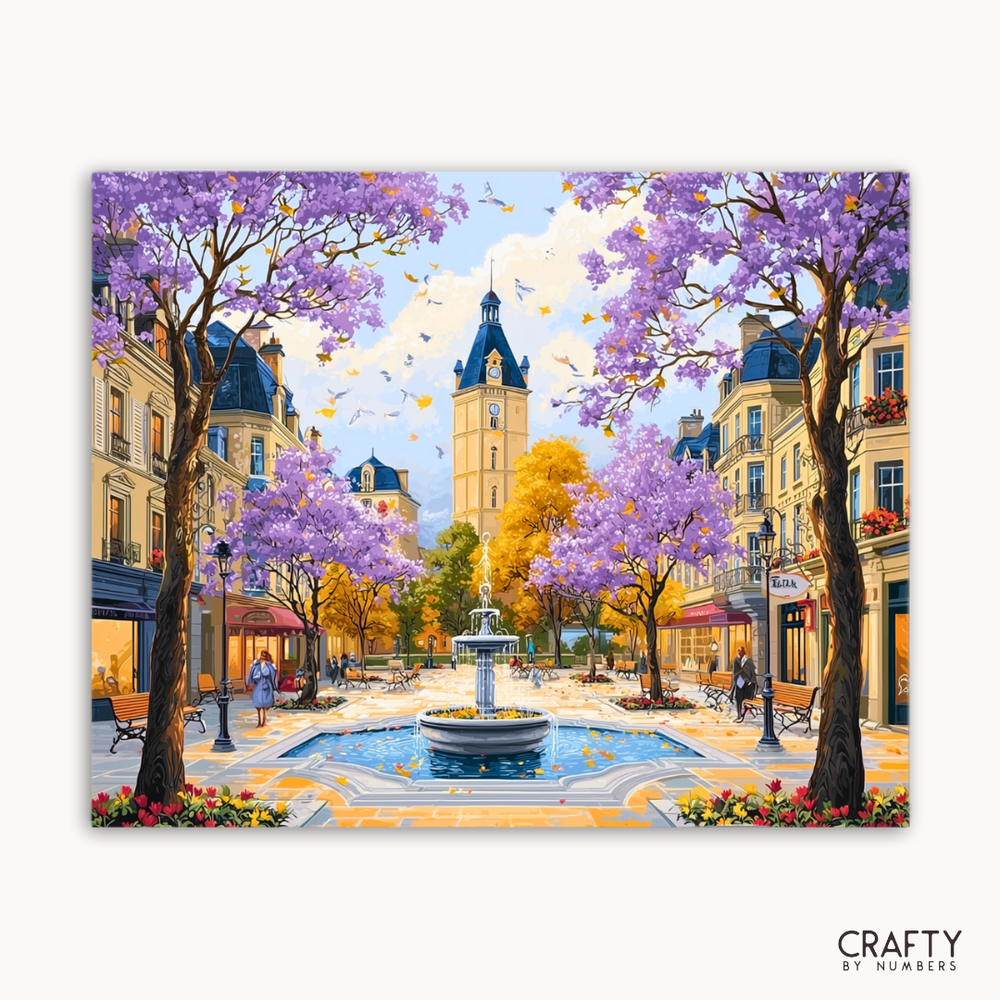 Colorful painting of a European street scene with cherry blossom trees and a clock tower.