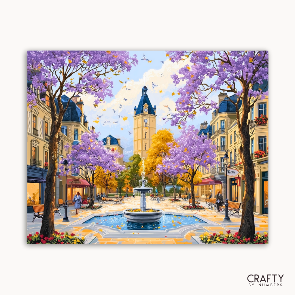 Colorful painting of a European street scene with cherry blossom trees and a clock tower.