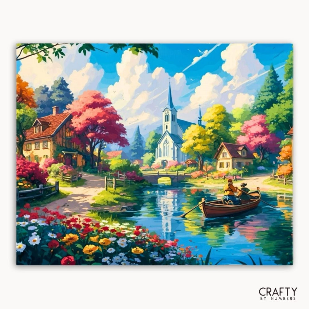 Colorful painting of a village scene with a church, houses, and people in a boat on a lake.