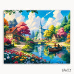 Colorful painting of a village scene with a church, houses, and people in a boat on a lake.