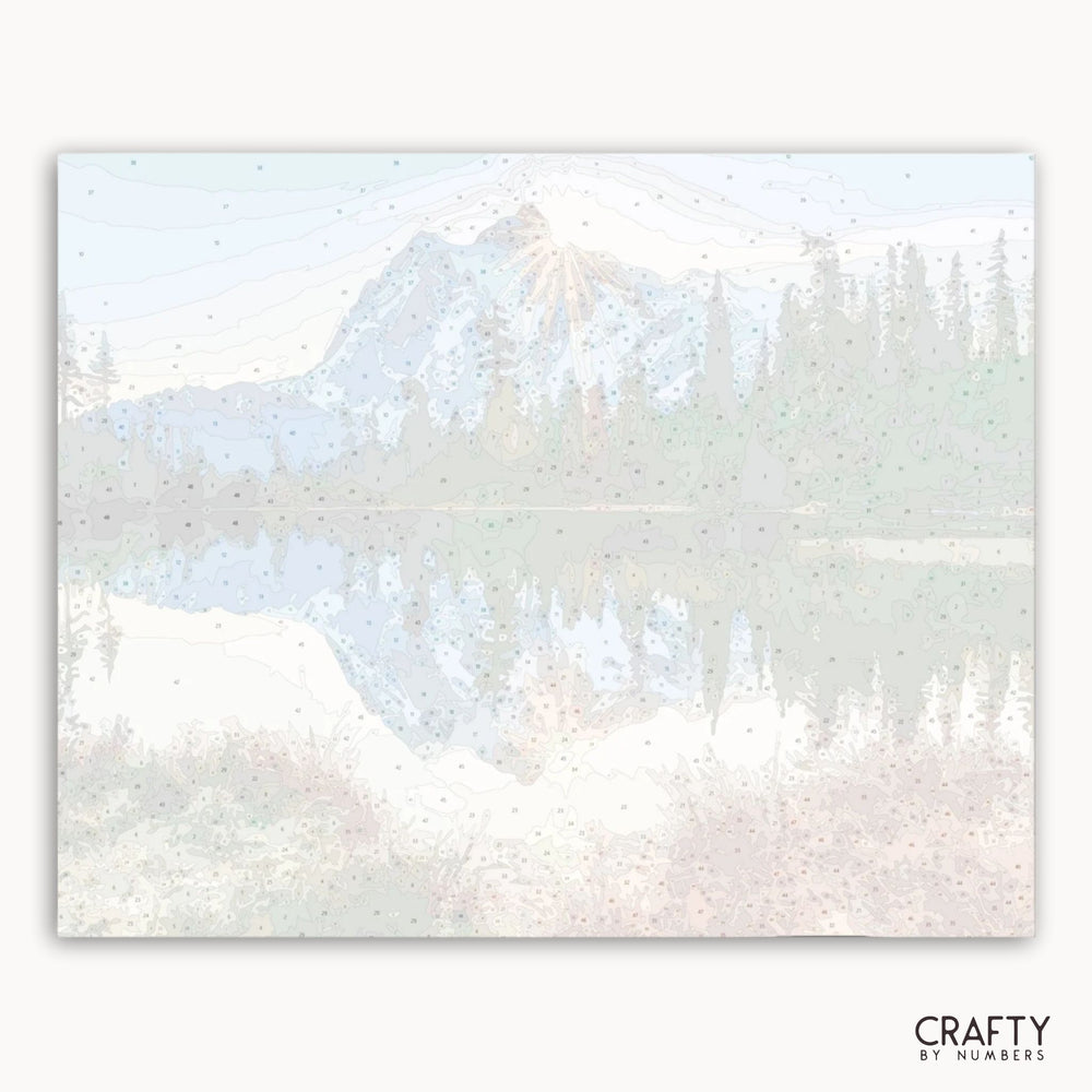 Iridescent foil card with mountain and forest design, branded 'Crafty by Numbers'.