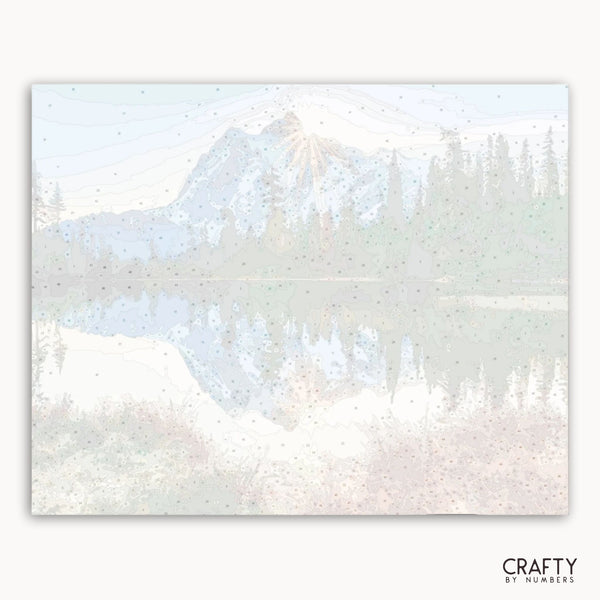 Iridescent foil card with mountain and forest design, branded 'Crafty by Numbers'.