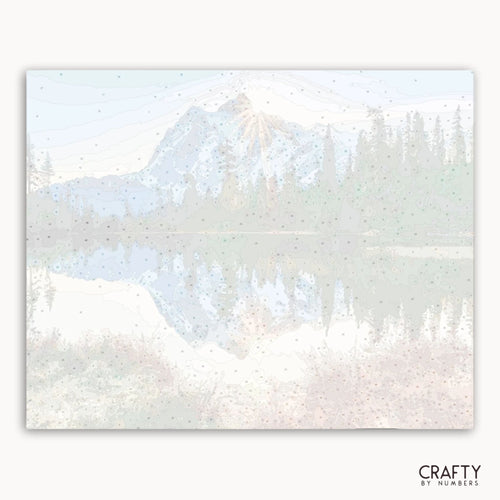 Iridescent foil card with mountain and forest design, branded 'Crafty by Numbers'.