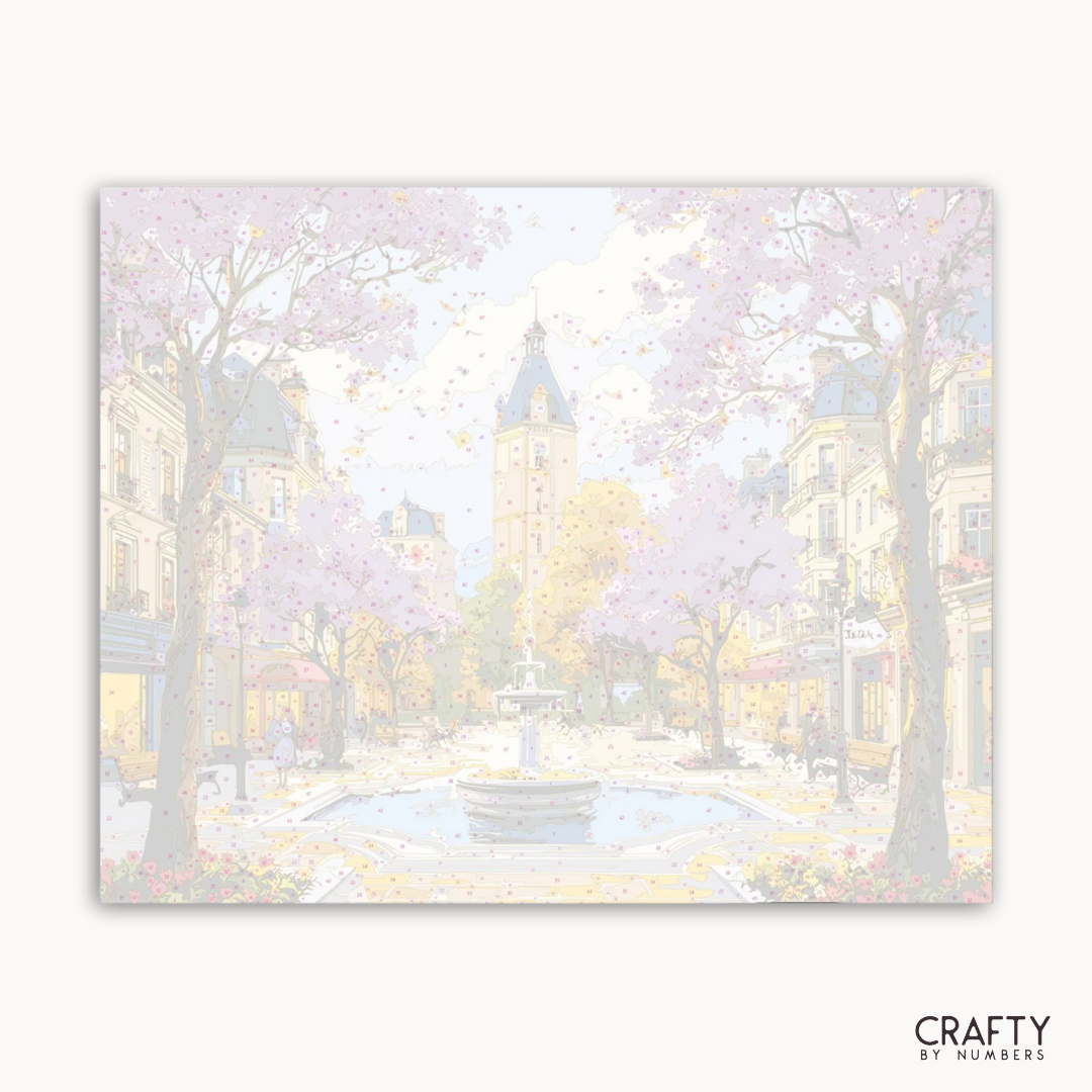 Pastellfarbenes Gemälde eines Parks mit Bäumen und Gebäuden, beschriftet mit „Crafty by Numbers“.