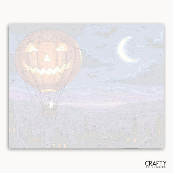 Decorative card with a hot air balloon and moon design, featuring the brand 'Crafty by Numbers'.