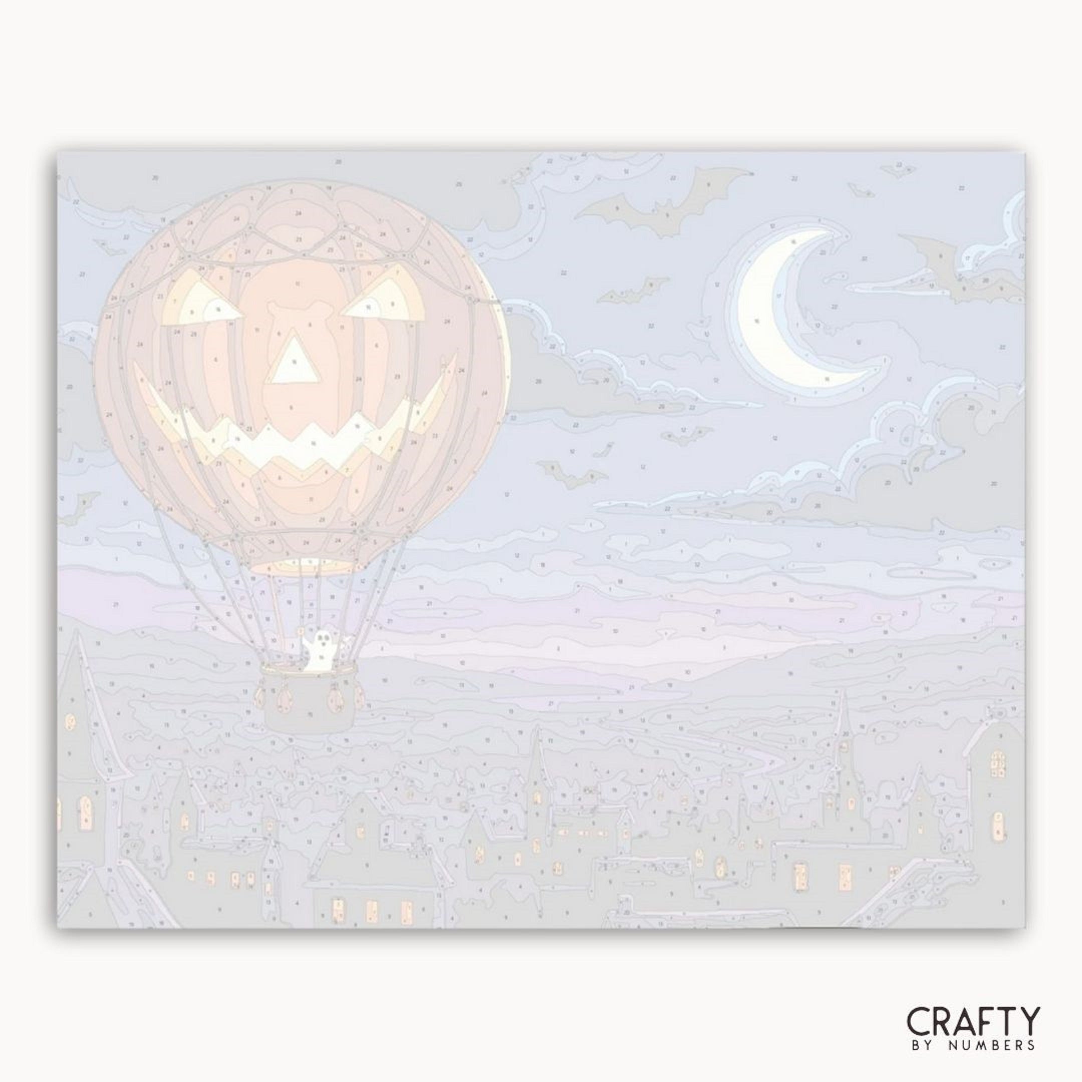 Decorative card with a hot air balloon and moon design, featuring the brand 'Crafty by Numbers'.