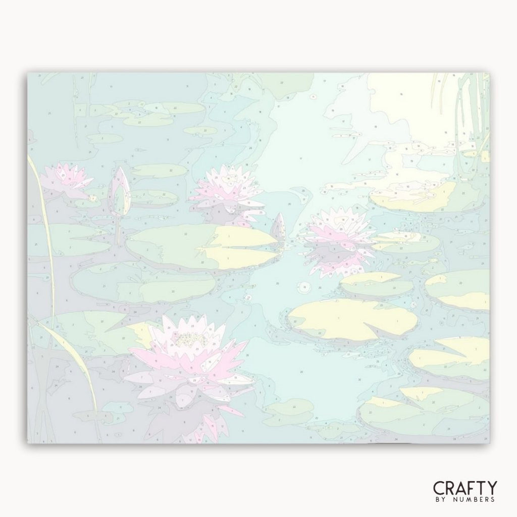 Pastel watercolor design of waterlilies and lily pads on a light blue background with 'Crafty by Numbers' branding.
